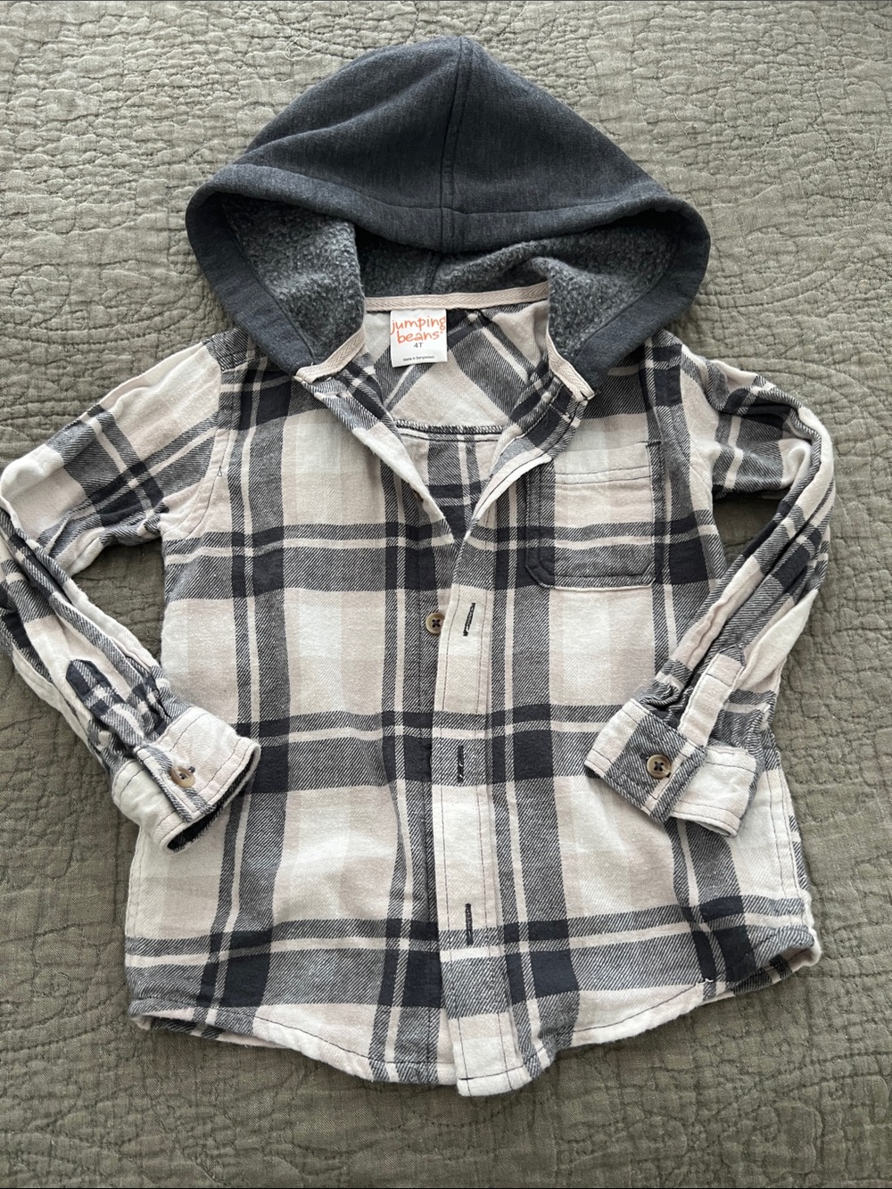 jumping beans Cream and Gray Plaid Hooded Button-Up Shirt